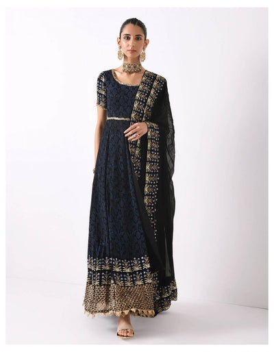 Black-Blue Bordered Anarkali - Indian Clothing in Denver, CO, Aurora, CO, Boulder, CO, Fort Collins, CO, Colorado Springs, CO, Parker, CO, Highlands Ranch, CO, Cherry Creek, CO, Centennial, CO, and Longmont, CO. Nationwide shipping USA - India Fashion X