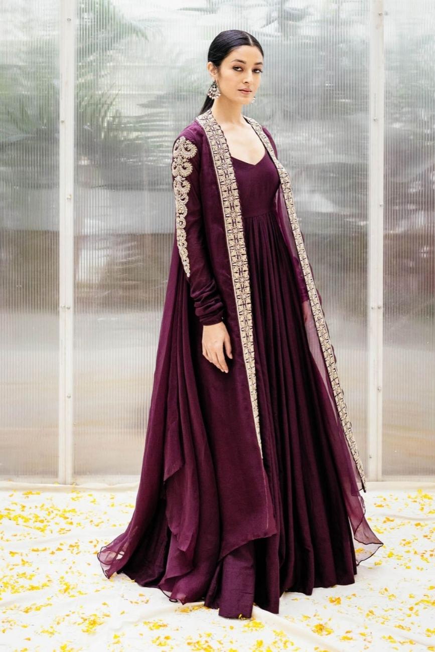 Plum Anarkali With Embroidered Cape - Indian Clothing in Denver, CO, Aurora, CO, Boulder, CO, Fort Collins, CO, Colorado Springs, CO, Parker, CO, Highlands Ranch, CO, Cherry Creek, CO, Centennial, CO, and Longmont, CO. Nationwide shipping USA - India Fashion X